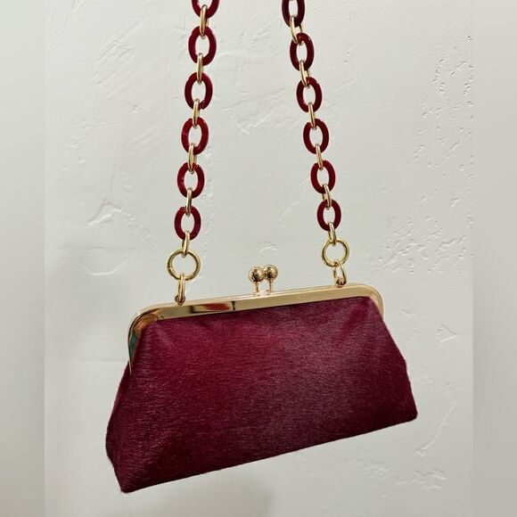 Burgundy Handmade Real hair-on Cowhide Kisslock Clutch/Crossbody & 2 Chains - Picture 5 of 16
